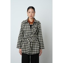 Orfeonegro Kadın Kazayağı Desenli Cepli Astarsız Siyah Renk Ceket-Gömlek