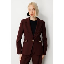 Ekol Kadın Omzu Vatkalı Düğme Aksesuarlı Ceket 5017 Bordo
