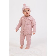 Wofim 3024 Kız Bebek Natural Düğme Taş Detaylı 3'lü Triko Düğmeli Hırkalı Takım