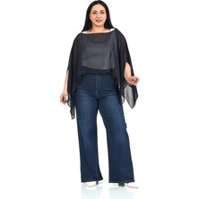 Disentis Modest Büyük Beden Asimetrik Kesim Şifon Koyu Lacivert Pelerin Bolero