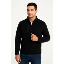 Rawea Fashion Erkek Polar Kazak – Dik Yaka, Yarım Fermuarlı, Fermuarlı Göğüs Cepli, Siyah Biyeli, Kışlık Rahat Regular Fit Günlük Model - Siyah