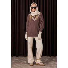 V Yaka Dokulu Triko Kahverengi