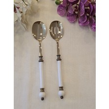 2 Parça Rustik Porselen Salata Servis Kaşık Seti Antik Titanyum