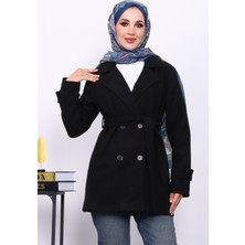 İmaj Butik Siyah Kruvaze Yaka Çift Düğmeli Kaşe Kaban