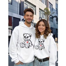 Nevermind Sevgili Çift Kombin Ayıcık Baskılı Kapüşonlu Sweatshirt 2'li Set Takım 3 İplik Beyaz