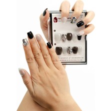 Takma Takma 10'lu Siyah Kısa Balerin TT1044 Tekrar Kullanılabilir El Yapımı Protez Takma Tırnak - Siyah-L