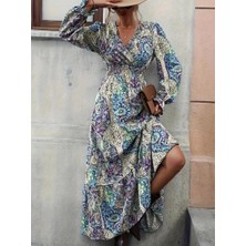 Arona Mdb Kadın Uzun Kollu Kruvaze Yakalı Desenli Süprem Maxi Elbise