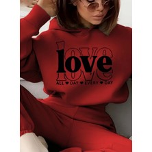 Punix Punıx Büyük Beden Özel Seri Kapüşonlu Love Baskılı %100 Pamuk Oversize Kışlık Kadın Eşofman  Takımı