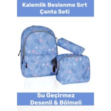 Enenstyle Fermuarlı Geniş 1.kalite Su Geçirmez Desenli Bölmeli Üçlü Okul Kalemlik Beslenme Sırt Çanta Seti