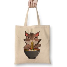 Toyaso Cute & Funny Anime Kitty Ramen Kawaii Cat Beyaz Bez Çanta Uzun Saplı Alışveriş Çantası Plaj Çantası