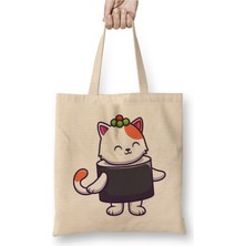 Toyaso Cute Cat Sushi Salmon Japon Kedi Beyaz Bez Çanta Uzun Saplı Alışveriş Çantası Plaj Çantası