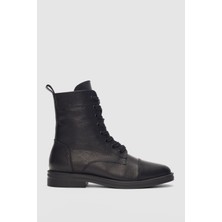 Selin Shoes Navira Hakiki Deri Bağcıklı ve Yandan Fermuarlı Kadın Bot- Siyah