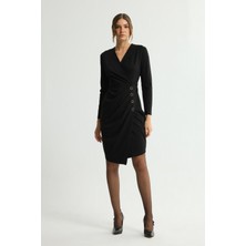 Love My Body V Yaka Drapeli Önü Düğmeli Elbise Siyah 124L9680000