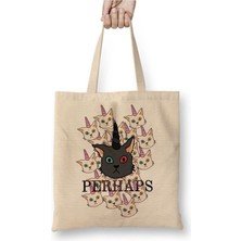 Toyaso Unicorn Cat Kedi Beyaz Bez Çanta Uzun Saplı Alışveriş Çantası Plaj Çantası