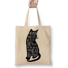 Toyaso Kedi Cats Womens Beyaz Bez Çanta Uzun Saplı Alışveriş Çantası Plaj Çantası