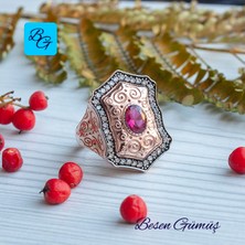Besen Gümüş Rose Yakut Taşlı Sekizgen Formlu Osmanlı Yüzük