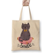 Toyaso Smile Cat Gülen Kedi Kittens Beyaz Bez Çanta Uzun Saplı Alışveriş Çantası Plaj Çantası