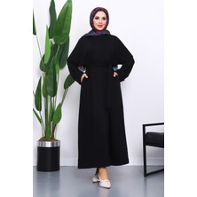 İmaj Butik Siyah Kuşaklı Üç İplik Elbise