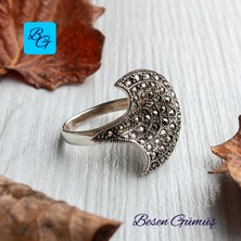 Besen Gümüş Yarım Yuvarlak Bombeli Markazit Taşlı Yüzük