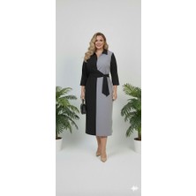 Moda Xlarge Kadın Büyük Beden Gömlek Yaka Bağlamalı Elbise Klasik Stil Uzun Kol Bodycon 5399-26