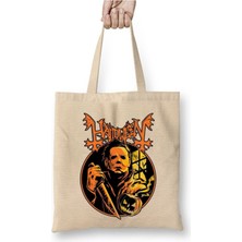 Toyaso Halloween Cadılar Bayramı Michael Myers Beyaz Bez Çanta Uzun Saplı Alışveriş Çantası Plaj Çantası