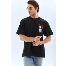 Rawea Fashion Unisex Oversize Baskılı Bisiklet Yaka T-Shirt - Siyah