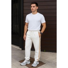 Rawea Fashion Erkek Üç Iplik Kışlık Pamuklu Yandan Garneli Kalın Bej Şeritli Cepli Eşofman Altı - Beyaz