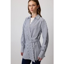 Touche Yandan Bağlamalı Çizgili Gömlek Lacivert