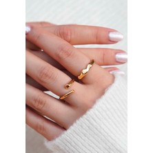 Trend Collection Gold Renk Dalgalı ve Açık Uçlu 2'li Kadın Yüzük Seti