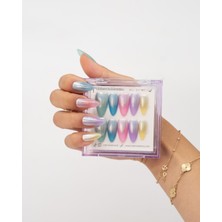 Takma Takma 10'lu Renkli Uzun Badem  TT1411 Tekrar Kullanılabilir El Yapımı Protez Takma Tırnak - Renkli-L