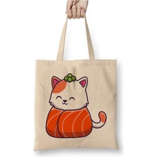 Toyaso Cute Cat Sushi Salmon V2 Beyaz Bez Çanta Uzun Saplı Alışveriş Çantası Plaj Çantası