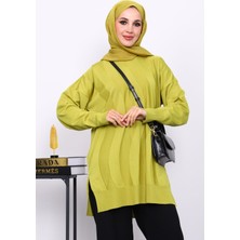 İmaj Butik Yağ Yeşili Bisiklet Yaka Soğuk İplik Triko Tunik