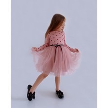 Şirin Şeyler Butiği Linda Uzun Kol Kız Çocuk Prenses Kabarık Tütü Elbise Puantiyeli Esnek Gül Kurusu Likralı Tüllü Bayramlık Hediyelik