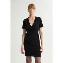 Love My Body Büzgülü V Yaka Örme Elbise Siyah 124L9728000