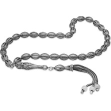 Tesbihane Üçlü Kamçı Top Püsküllü Kafes Tasarım Arpa Kesim Eskitme Renk 925 Ayar Gümüş Tesbih