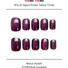 Takma Takma 10'lu Mor Kısa Yuvarlak TT1163 Tekrar Kullanılabilir El Yapımı Protez Takma Tırnak - Mor-XS