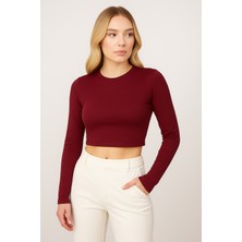 Sibel Günay Butik Kadın Buzy Kumaş Parmak Geçmeli Bordo Crop Body| Uzun Kollu – Likralı
