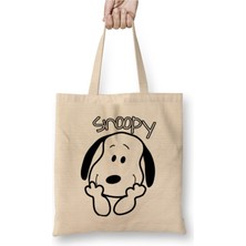Toyaso Snoopy Cute Smile Snoopy Beyaz Bez Çanta Uzun Saplı Alışveriş Çantası Plaj Çantası