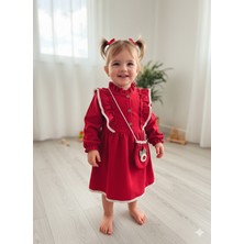 Şimo Butik Uzun Kollu Dantel Detaylı Vintage Fitilli Kadife Çantalı Kız Çocuk Elbisesi
