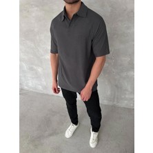 Rawea Fashion Yakalı Patlı Kısa Kol T-Shirt - Antrasit