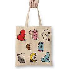 Toyaso BT21 Bts Karakterler Beyaz Bez Çanta Uzun Saplı Alışveriş Çantası Plaj Çantası