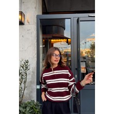 Sue Store Bordo Ekru Çizgili Yumuşak Dokulu Oversize Yünlü Kazak