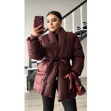 Oslove Bordo Kruvaze Kuşaklı Şişme Mont