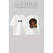 Anetos Queen Tasarım Sırt Baskılı Pamuk Beyaz Oversize T-Shirt