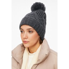 Abarta Kadın Triko Örgü Katlamalı Ponponlu Bere Gri Standart