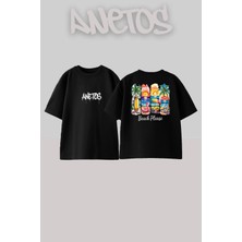 Anetos Beach Please Tasarım Sırt Baskılı Pamuk Siyah Oversize T-Shirt