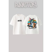 Anetos Tom And Jarry Tasarım Sırt Baskılı Pamuk Beyaz Oversize T-Shirt