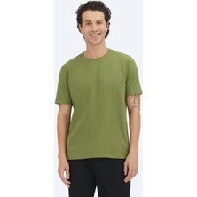 Kip Yeşil Düz Bisiklet Yaka Pamuk Karışımlı T-Shirt