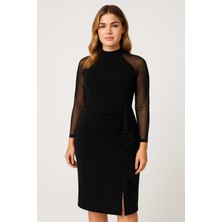 Şans Kadını Büyük Beden Siyah, File Kollu Volanlı Elbise 65N39215