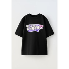 Anetos Bts 4 Baskılı Ünisex Pamuk Siyah Oversize T Shirt